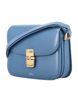 A.P.C. Grace Small Blue Leather Trapezoidal Mini Handbag with Goldtone Accents and Adjustable Strap
