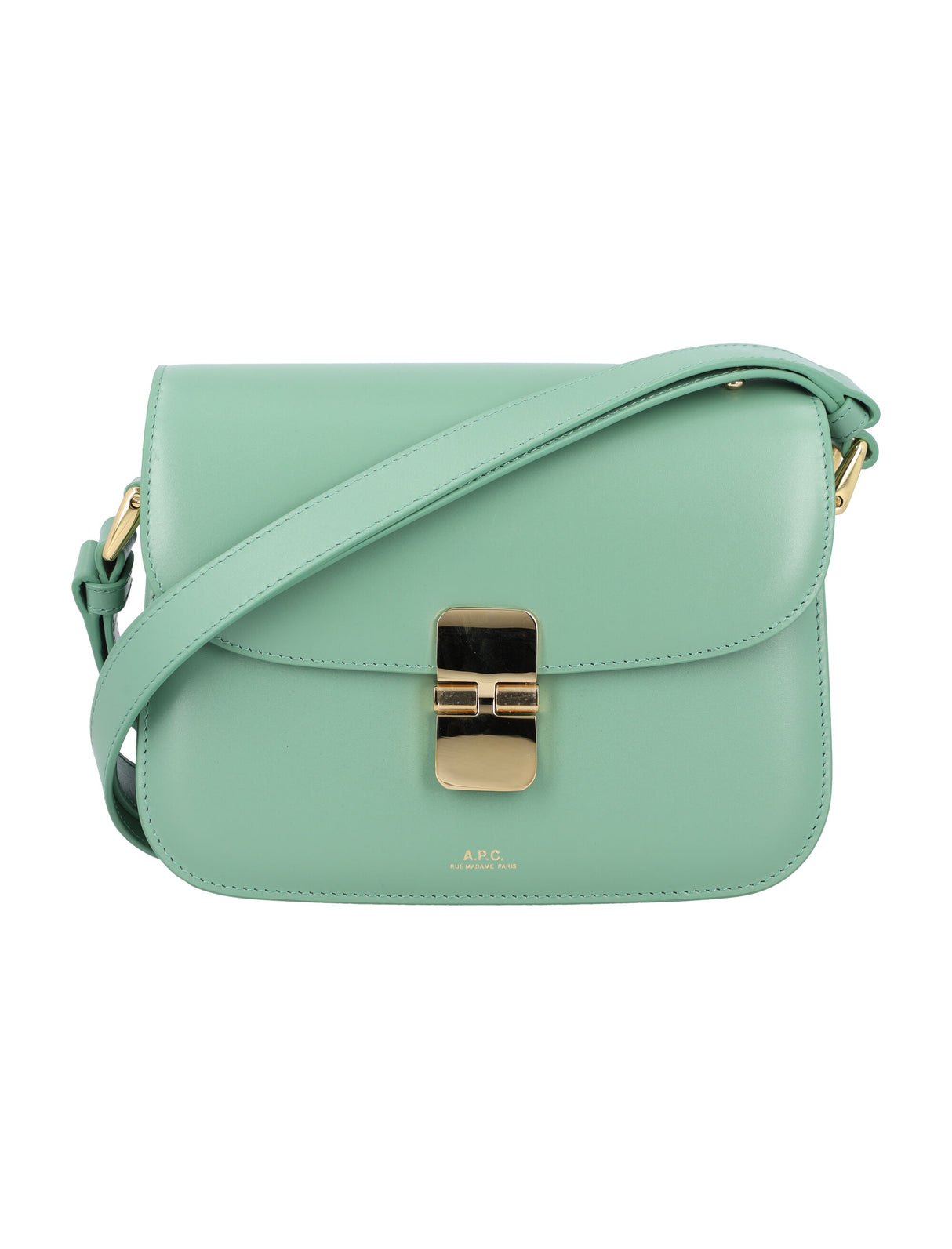 A.P.C. Chic Jade Green Leather Mini Handbag with Goldtone Details and Adjustable Strap