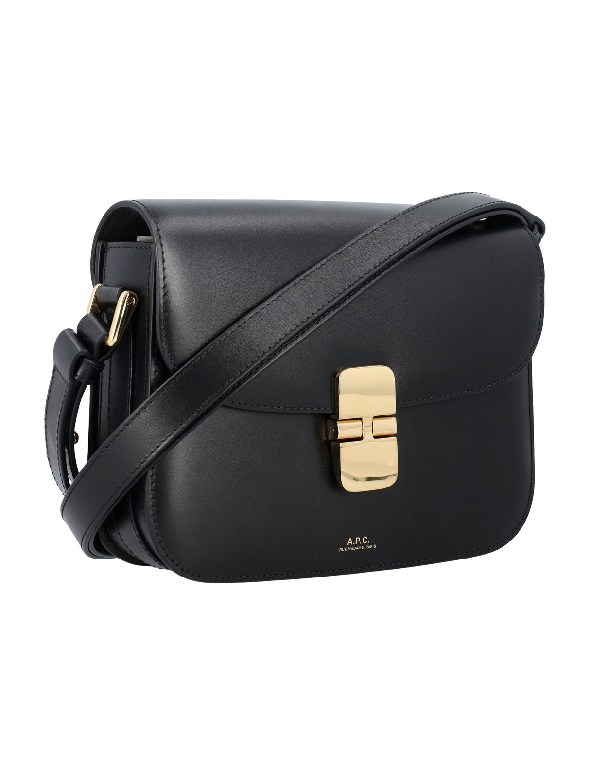 A.P.C. Grace Small Mini Black Leather Handbag with Goldtone Detailing