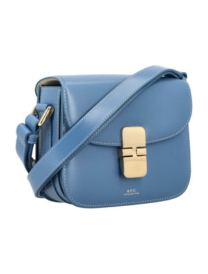 A.P.C. Grace Mini Blue Leather Shoulder Bag with Goldtone Accents, 14.5x17.5x4 cm