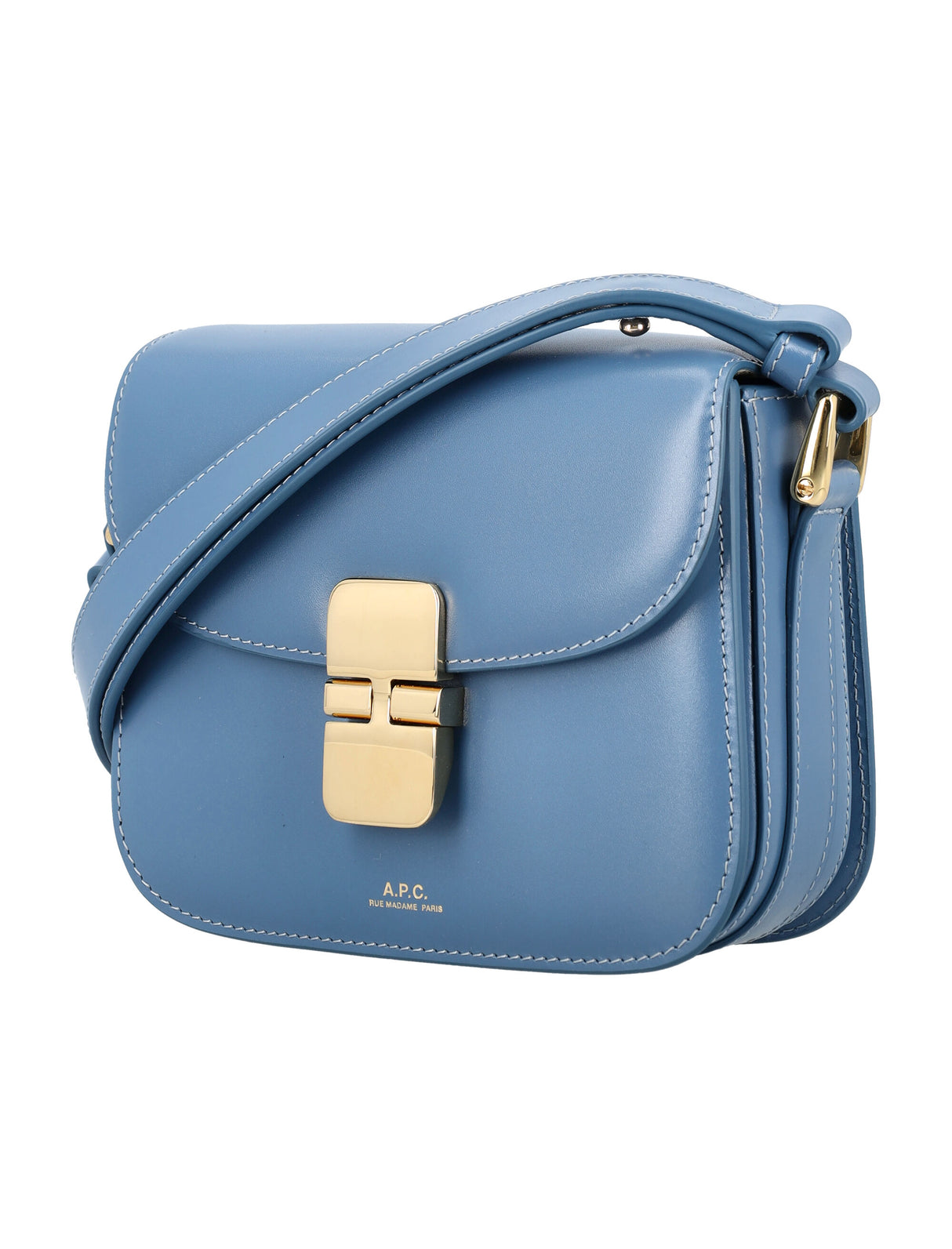 A.P.C. Grace Mini Blue Leather Shoulder Bag with Goldtone Accents, 14.5x17.5x4 cm