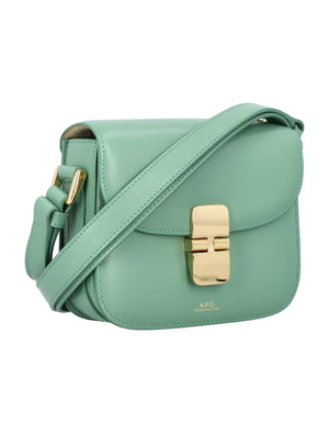 A.P.C. Elegant Jade Green Mini Handbag with Goldtone Detailing and Adjustable Strap