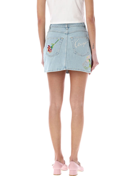 Floral Denim Mini Skirt for Women in Stone Washed Blue by Kenzo