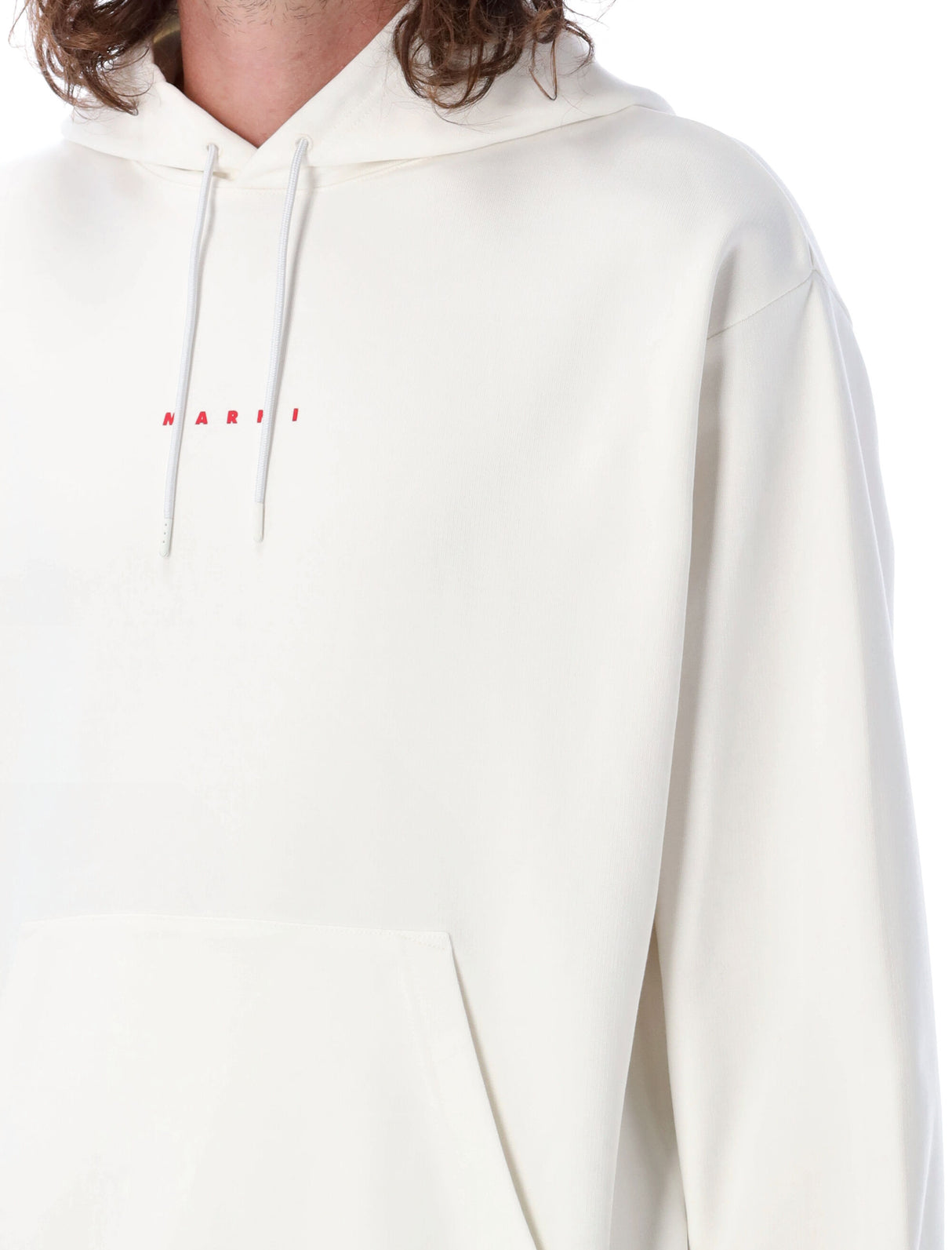 MARNI Men's V-Neck White Hoodie with Kangaroo Pocket and Red Logo