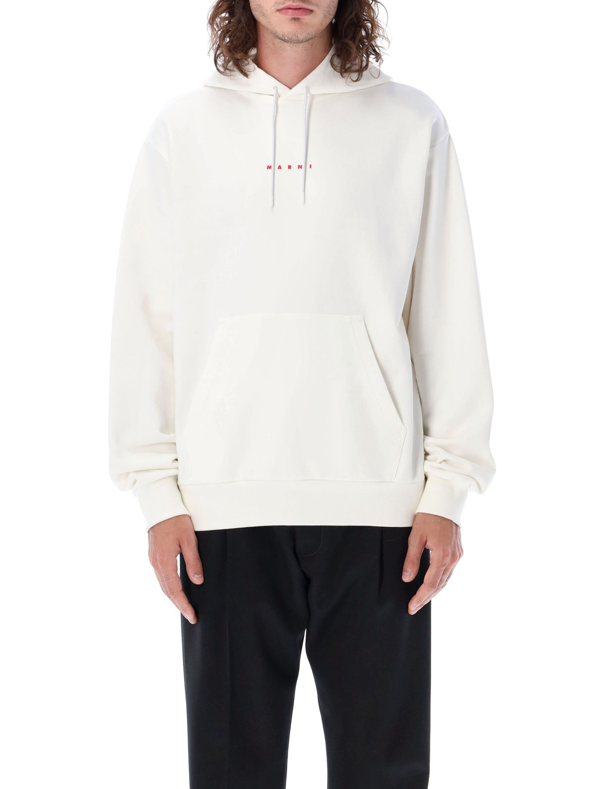 MARNI Men's V-Neck White Hoodie with Kangaroo Pocket and Red Logo