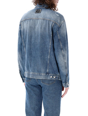 DOLCE & GABBANA Men's Blue Denim Jacket with Branded Buttons and Adjustable Details