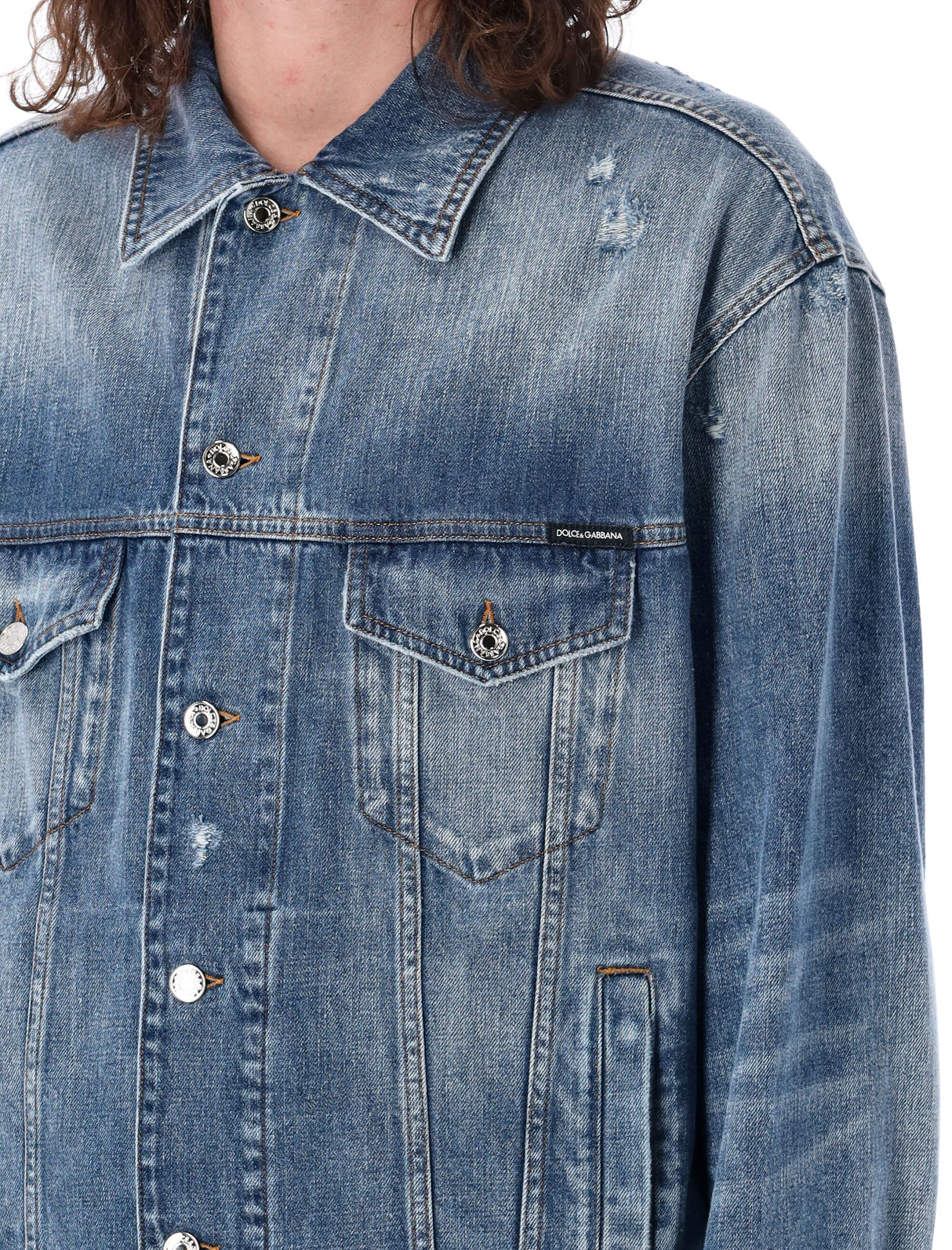 DOLCE & GABBANA Men's Blue Denim Jacket with Branded Buttons and Adjustable Details