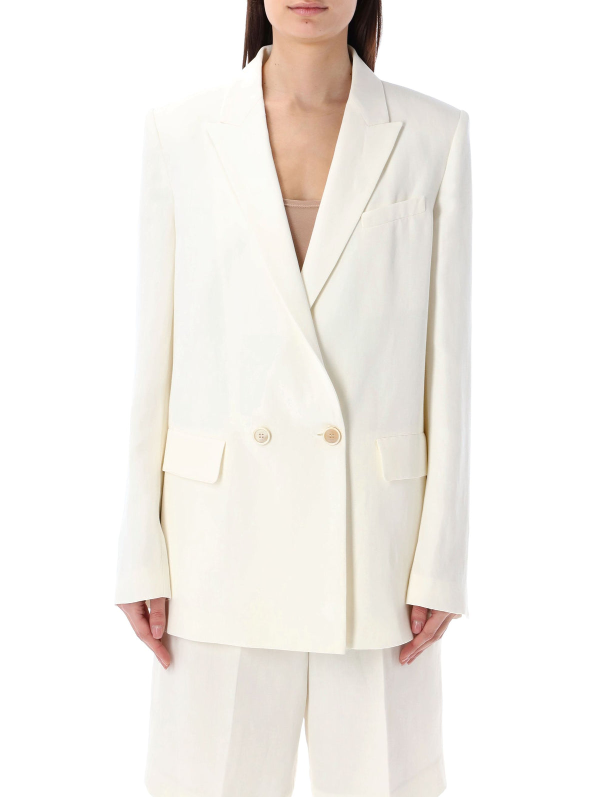 FABIANA FILIPPI Women's White V-Neck Blazer with Padded Shoulders and Front Button Closure