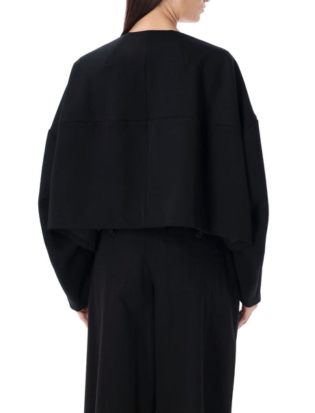 COMME DES GARÇONS Black Wool Crop Blazer with Metal Hook Closure and Cape-like Design for Women