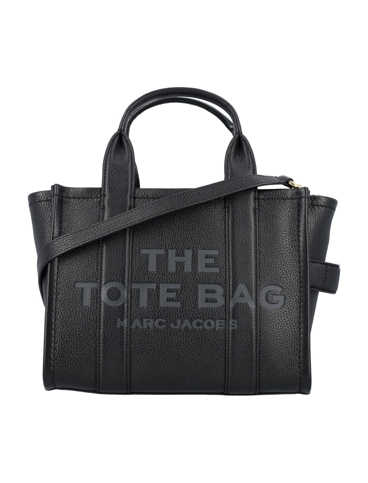 MARC JACOBS Black Grained Leather Mini Tote Handbag with Silver-Tone Accents and Removable Strap