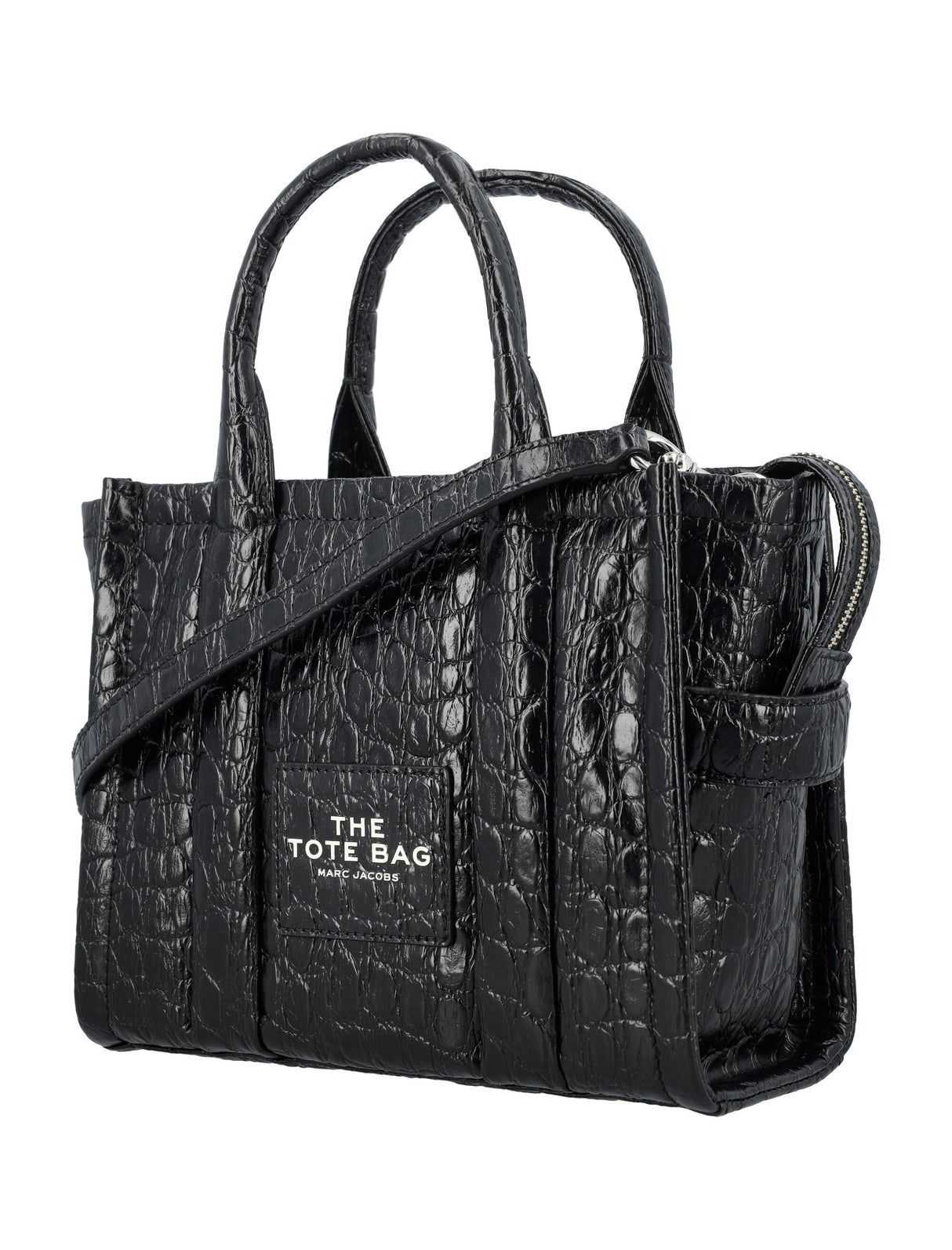 MARC JACOBS Black Croc-Embossed Mini Tote Handbag with Adjustable Strap
