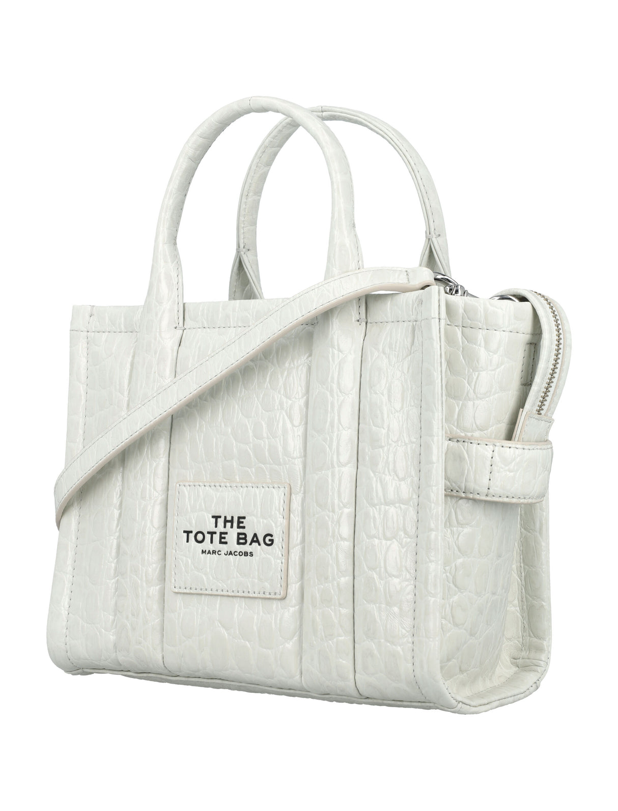 MARC JACOBS White Mini Croc-Embossed Leather Tote Handbag with Adjustable Strap
