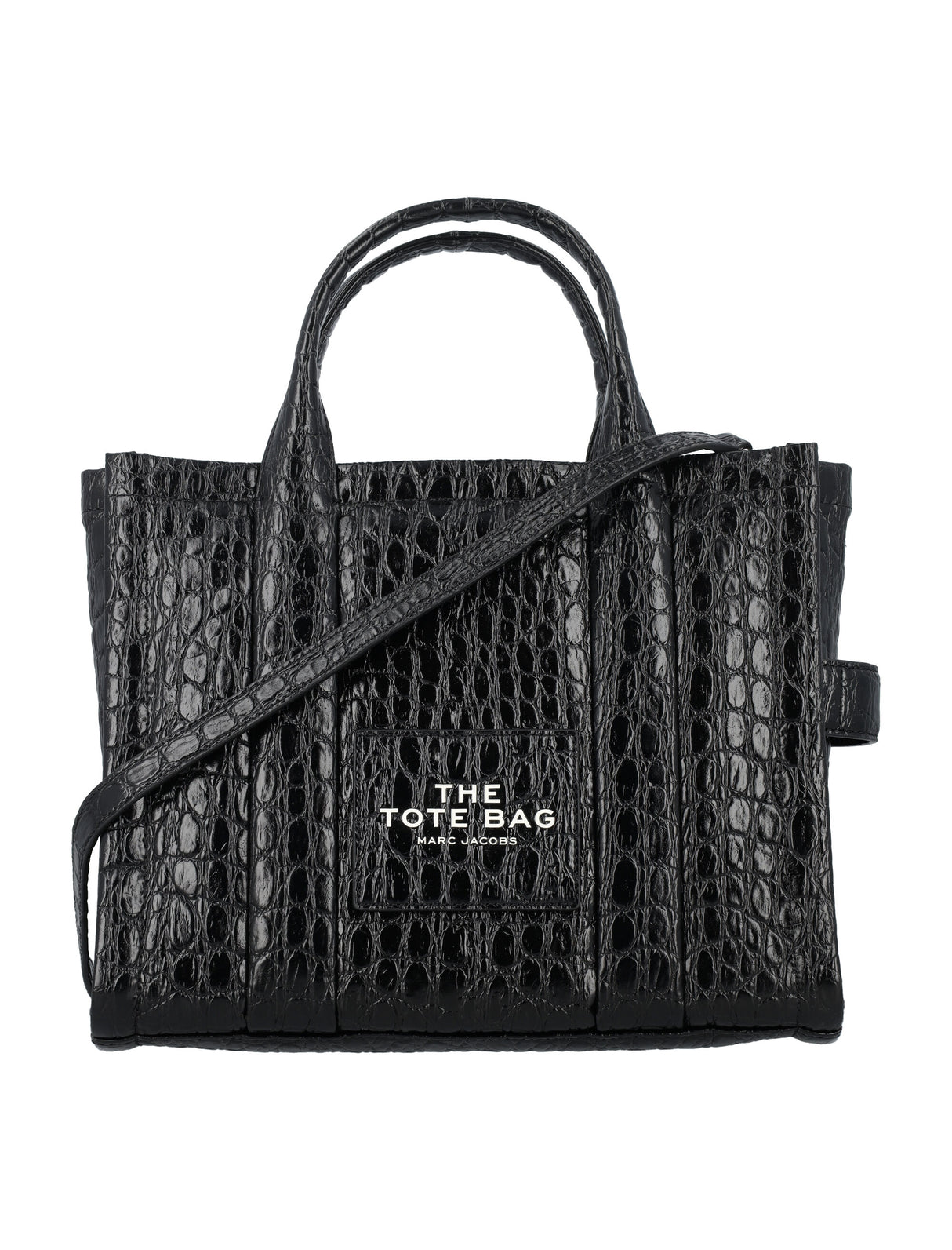 MARC JACOBS Glossy Black Croc-Embossed Leather Medium Tote with Adjustable Strap