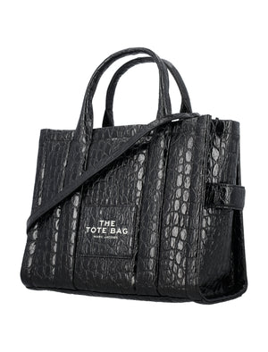 MARC JACOBS Glossy Black Croc-Embossed Leather Medium Tote with Adjustable Strap