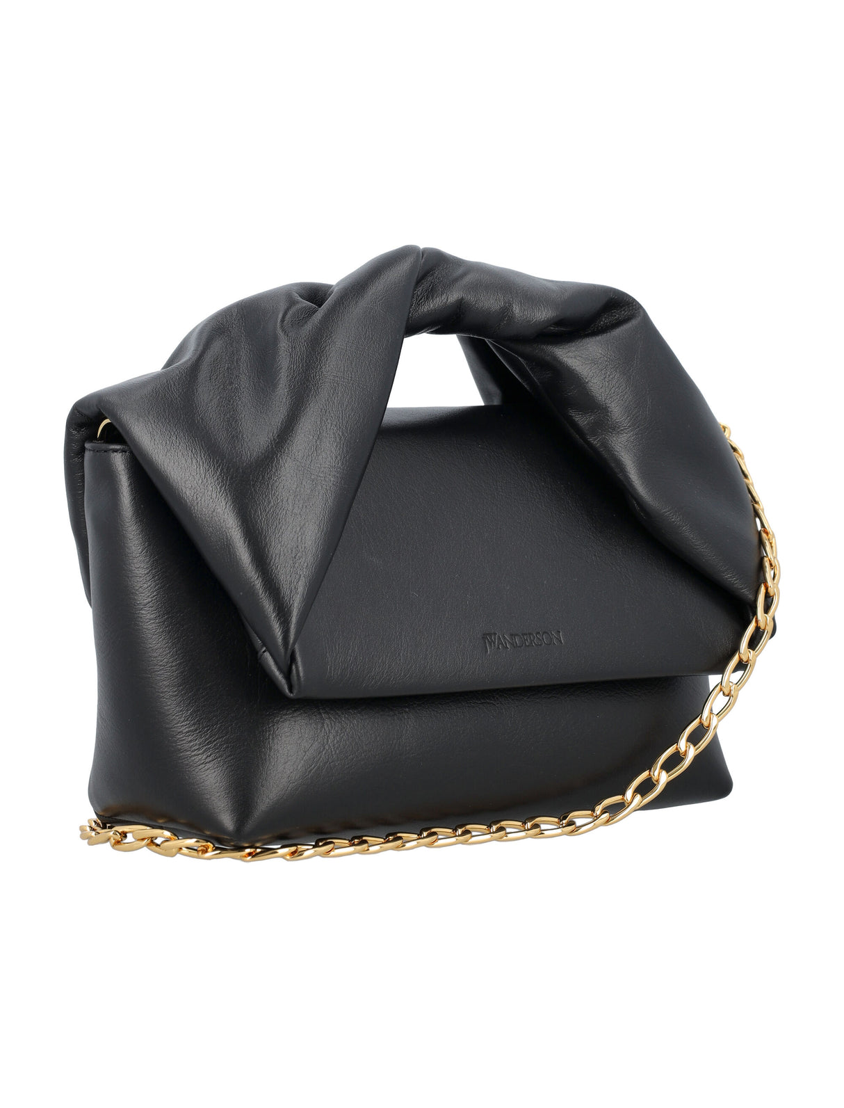 JW ANDERSON Smooth Leather Medium Twister Handbag with Gold Chain and Twisted Handle - Versatile Clutch, Shoulder, & Crossbody Bag - Black - 17cm x 29cm x 5cm