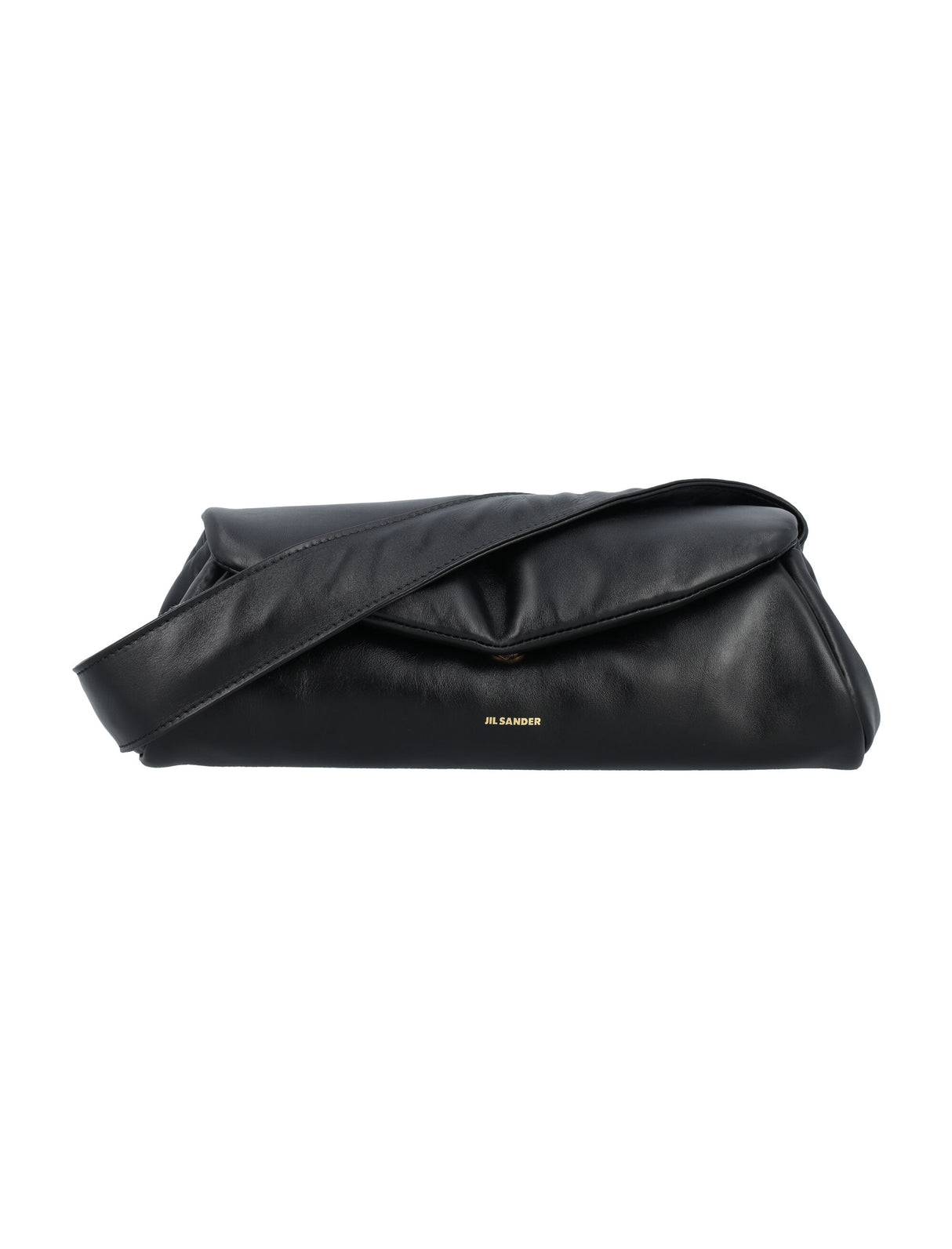 JIL SANDER Mini Padded Cannolo Leather Clutch with Adjustable Strap and Gold-Tone Accents - Black