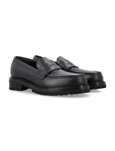 OFF-WHITE Men's Black Leather Military Loafers with Classic Logo and Diagonal Rubber Sole