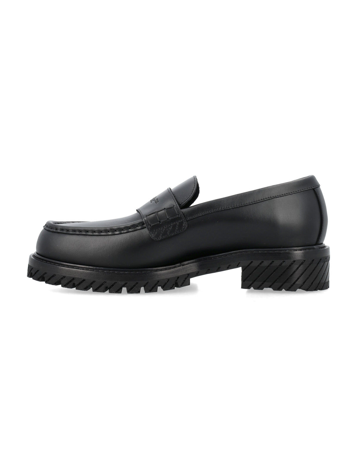 OFF-WHITE Men's Black Leather Military Loafers with Classic Logo and Diagonal Rubber Sole