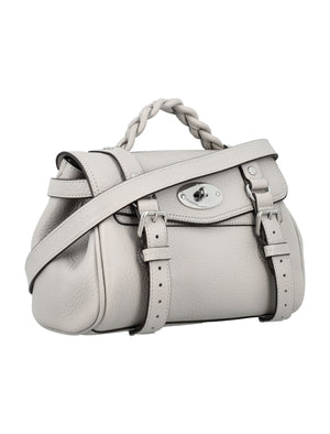 MULBERRY Pale Grey Mini Alexa Leather Shoulder Bag with Braided Handle and Postman’s Lock Closure
