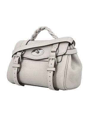 MULBERRY Pale Grey Mini Alexa Leather Shoulder Bag with Braided Handle and Postman’s Lock Closure