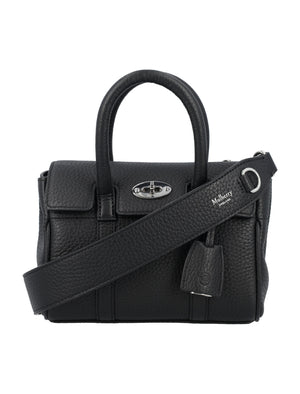 MULBERRY Mini Bayswater Black Leather Handbag with Silver-Tone Accents, 18.5 x 12.5 x 8 cm