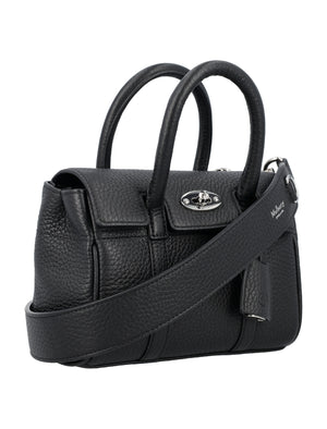 MULBERRY Mini Bayswater Black Leather Handbag with Silver-Tone Accents, 18.5 x 12.5 x 8 cm