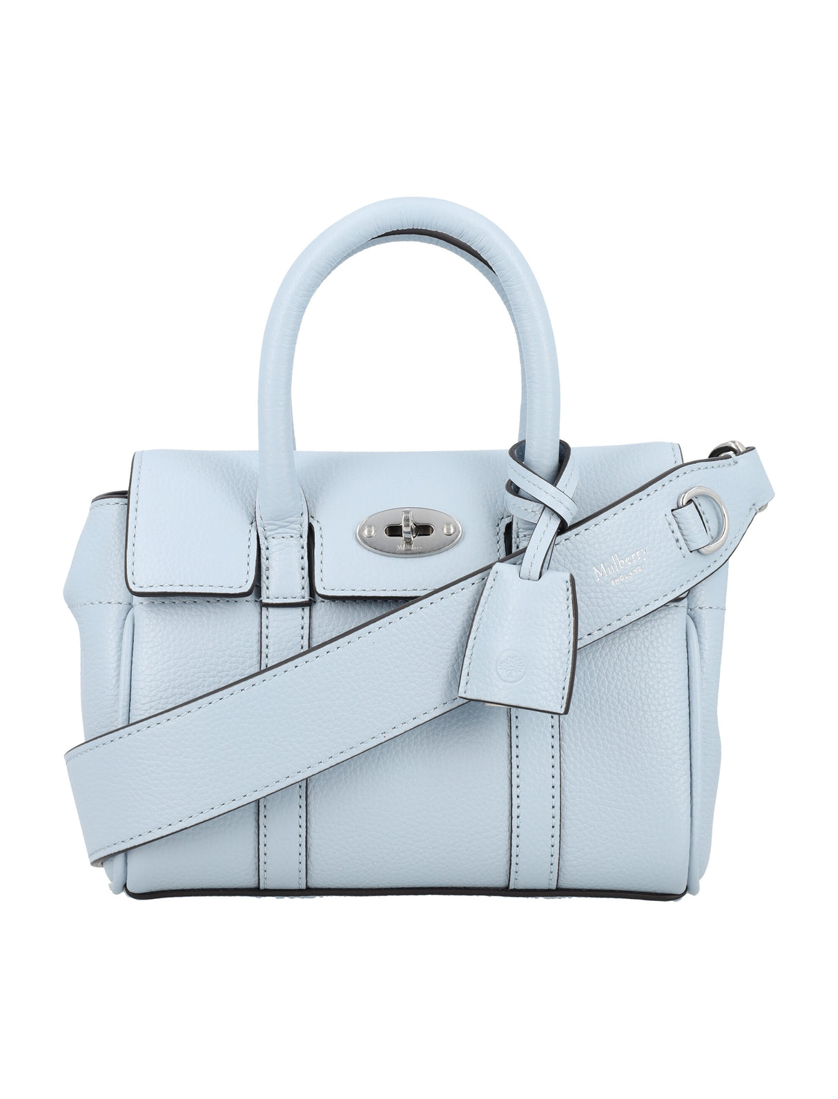 MULBERRY Mini Bayswater Poplin Blue Leather Handbag with Silver-Tone Accents - 18.5 x 12.5 x 8 cm