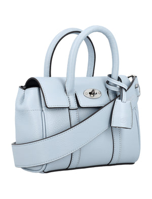 MULBERRY Mini Bayswater Poplin Blue Leather Handbag with Silver-Tone Accents - 18.5 x 12.5 x 8 cm