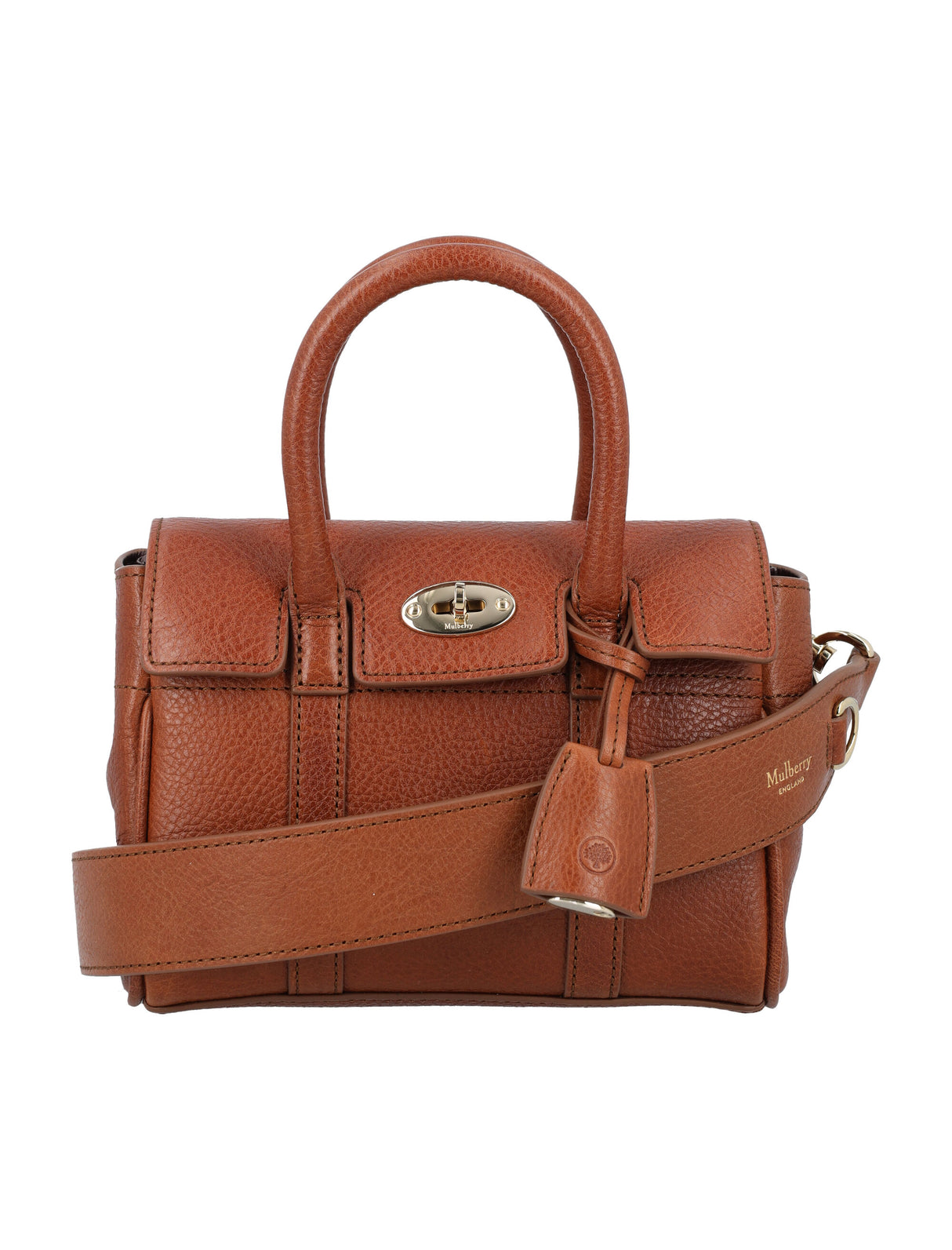 MULBERRY Mini Bayswater Leather Handbag with Shoulder Strap and Gold Accents, Brown - 18.5cm W x 12.5cm H x 8cm D