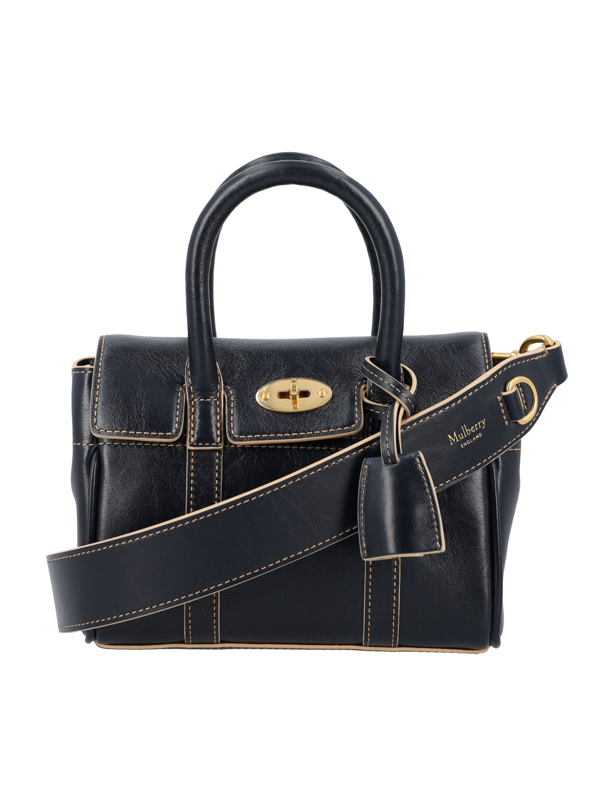MULBERRY Mini Bayswater Navy Leather Handbag with Contrast Stitching and Soft Gold Details - 18.5x12.5x8 cm