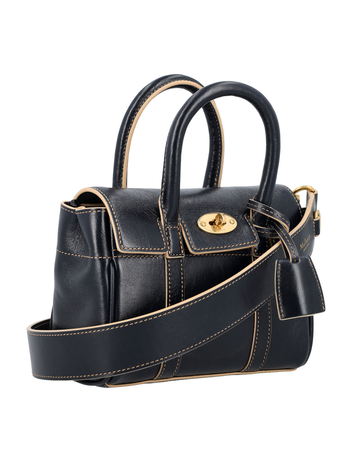 MULBERRY Mini Bayswater Navy Leather Handbag with Contrast Stitching and Soft Gold Details - 18.5x12.5x8 cm
