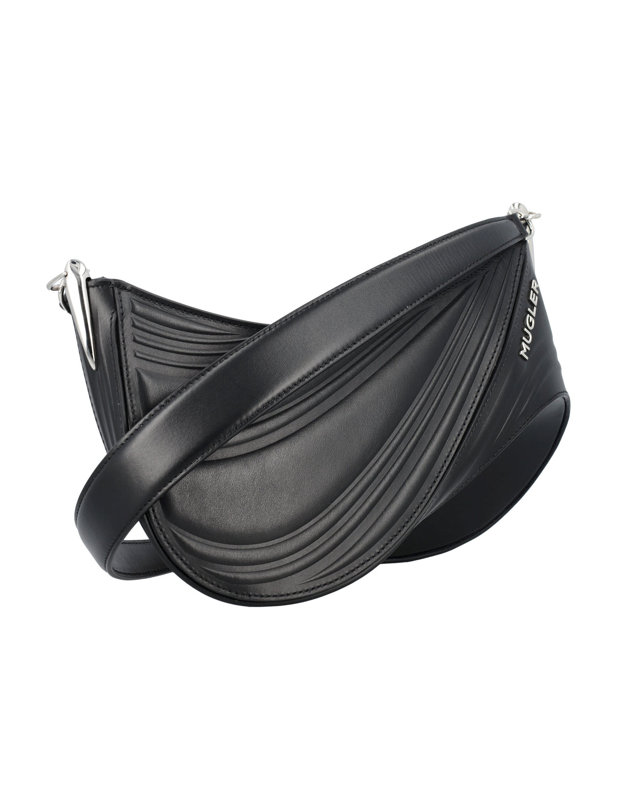 MUGLER Women's Black Leather Embossed Spiral Curve Shoulder Handbag, Medium - SS24
