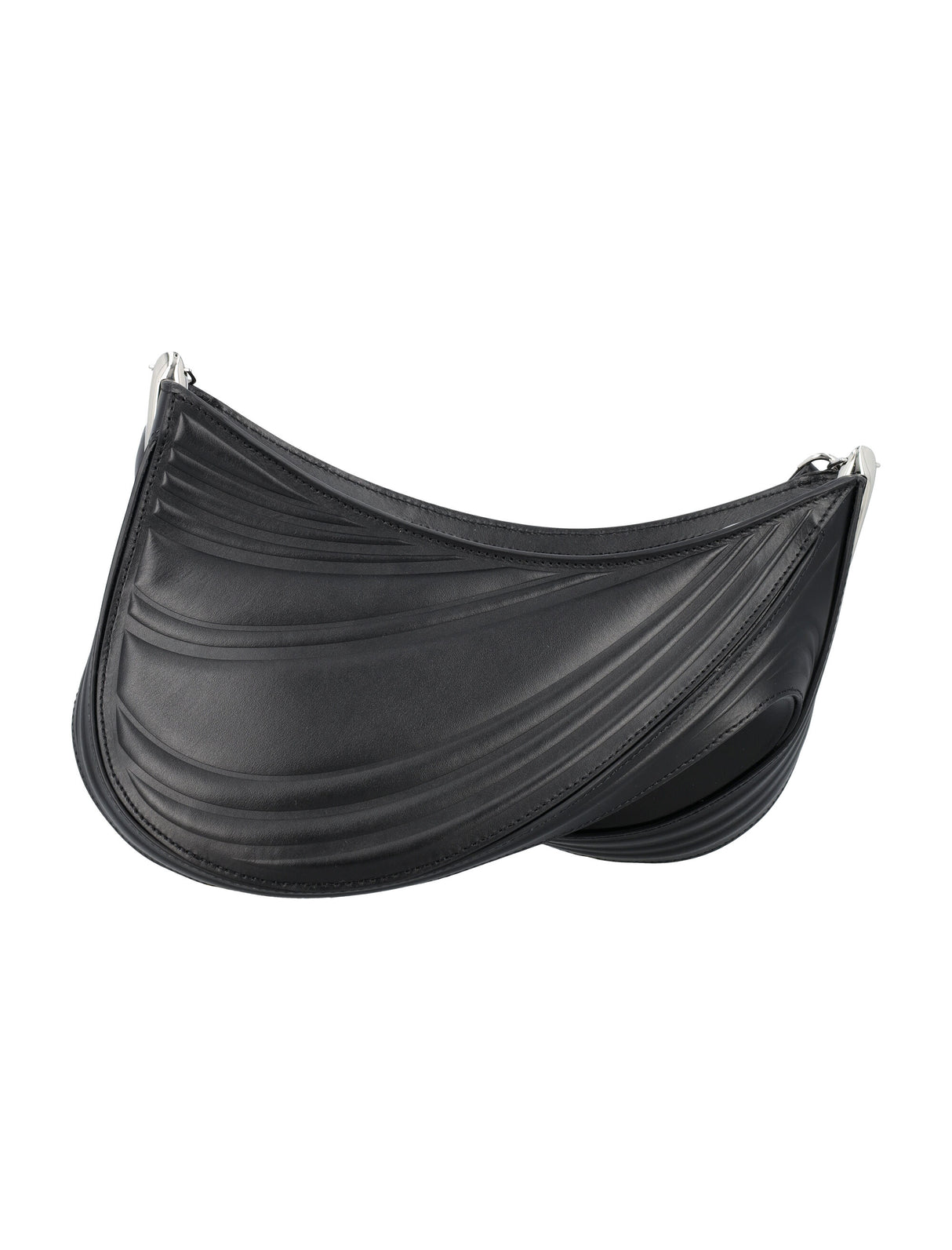 MUGLER Women's Black Leather Embossed Spiral Curve Shoulder Handbag, Medium - SS24