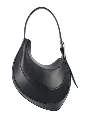 MUGLER Spiral Curve Mini Black Leather Shoulder Handbag with Silver Accents, 25 cm