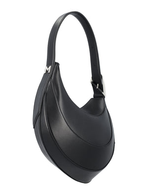 MUGLER Spiral Curve Mini Black Leather Shoulder Handbag with Silver Accents, 25 cm