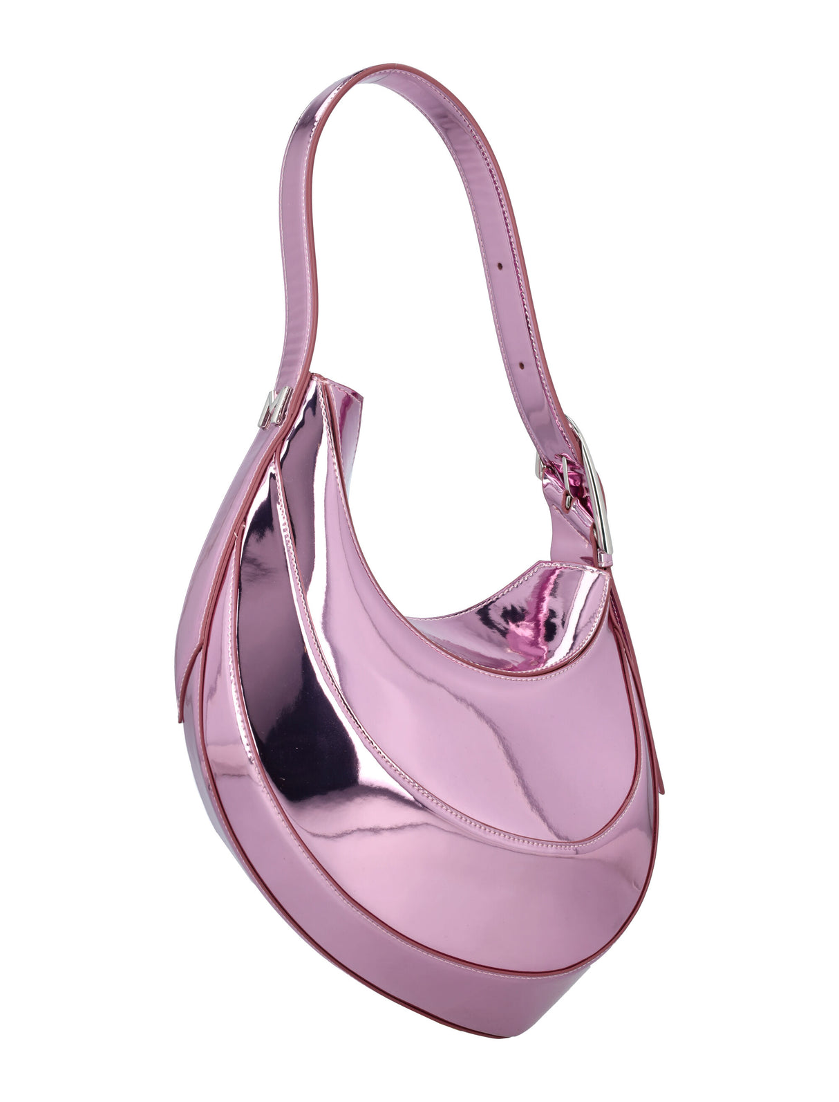 MUGLER Metallic Pink Curve Mini Shoulder Bag with Silver Hardware, 23x25x10cm