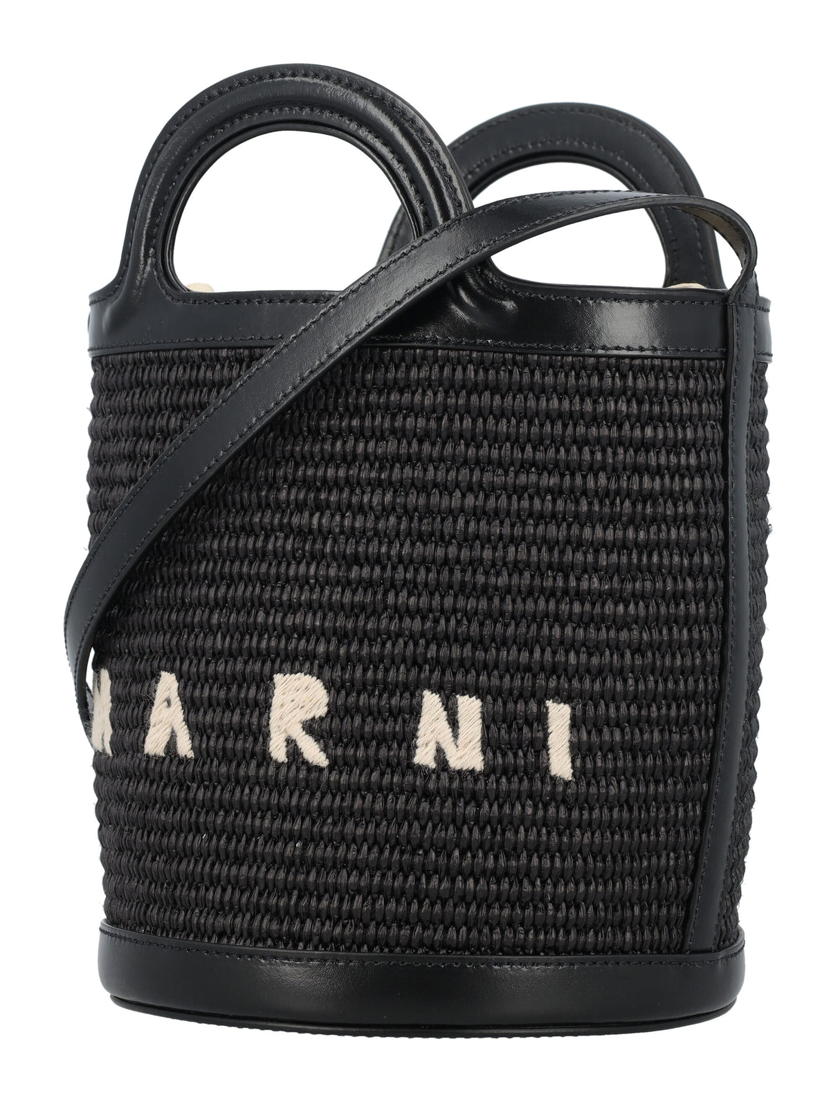 MARNI Mini Tropicalia Raffia-Effect Bucket Handbag with Leather Accents - Black