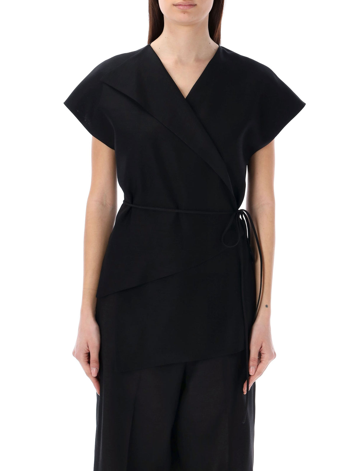 FABIANA FILIPPI Asymmetric V-Neck Wool and Silk Top with Flap Motif and Matching Tie in Black