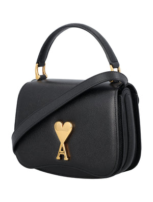 AMI PARIS Mini Parisian Elegance Leather Handbag with Suede Lining and Magnetic Closure, Black – 7.7” x 4.9” x 2.2”