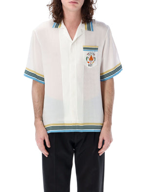 Áo Bowling Sành Điệu Vải Lụa cho Nam - In Hình Iconic Tươi Sáng Màu Cam và Chi Tiết Sọc Thời Thượng