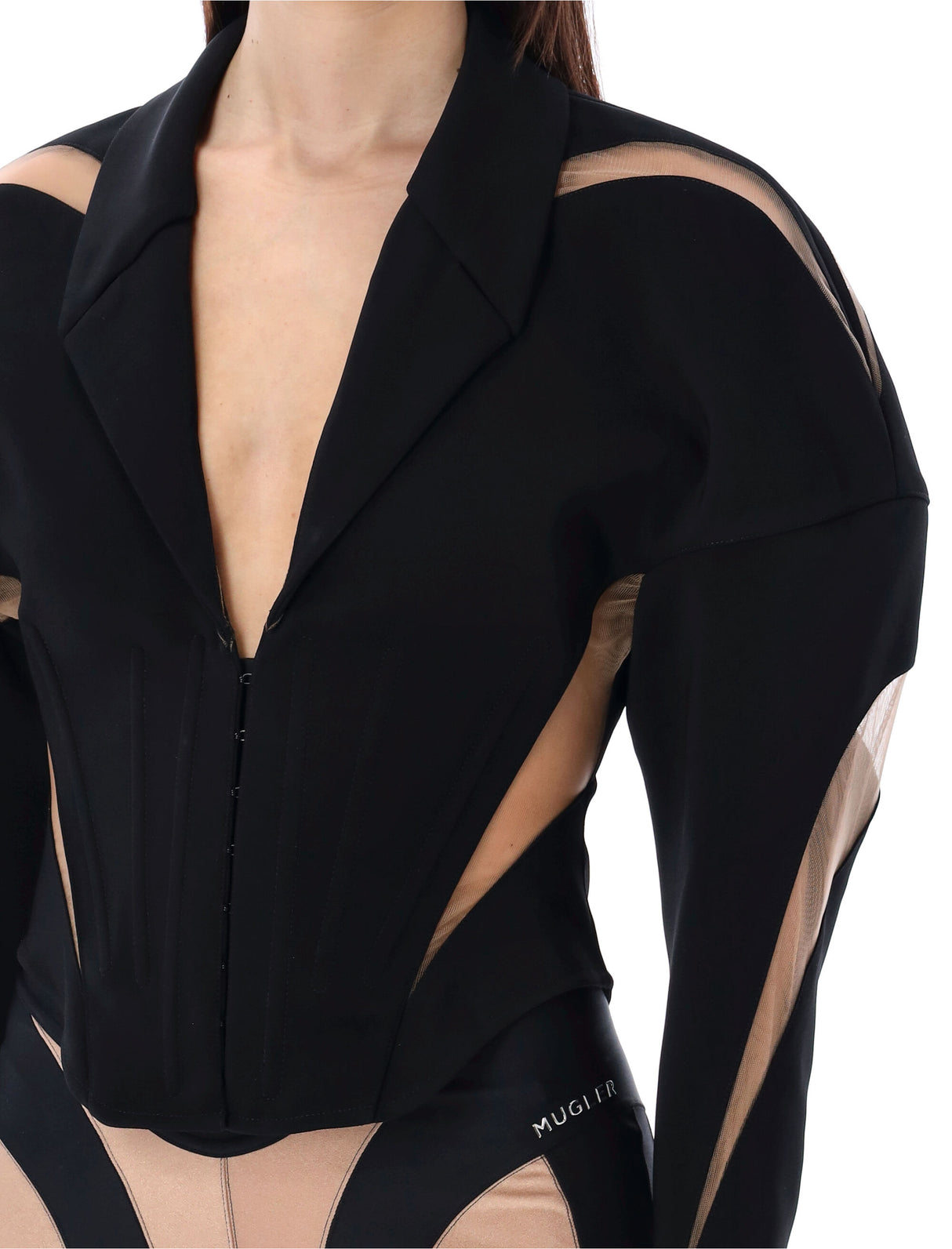 MUGLER Spiral Illusion Jacket - Women's Black Structured Jacket with Sheer Mesh and Corset Detail