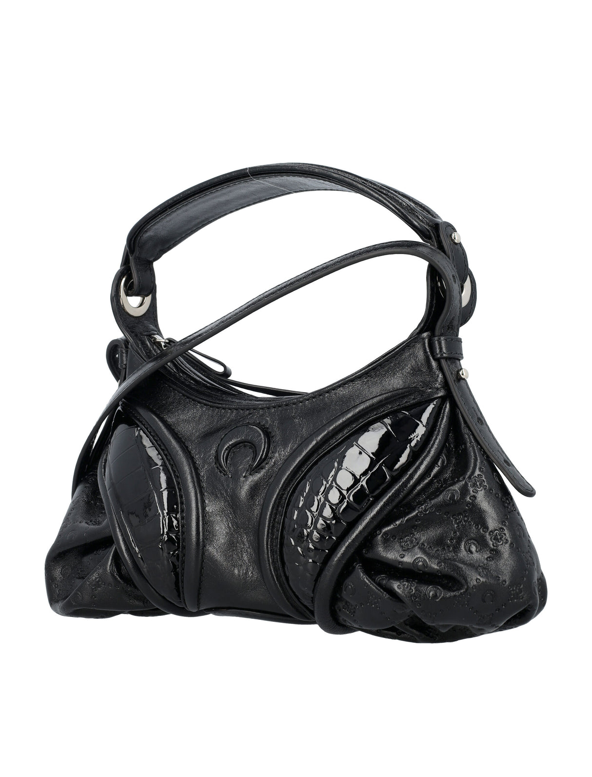 MARINE SERRE Black Embossed Leather Mini Futura Handbag with Padded Moon Detail and Adjustable Strap