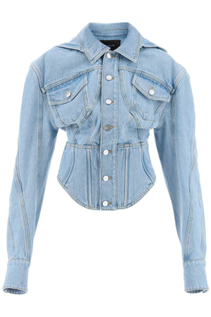 MUGLER Light Wash Denim Jacket with Corset Detail and Removable Hood