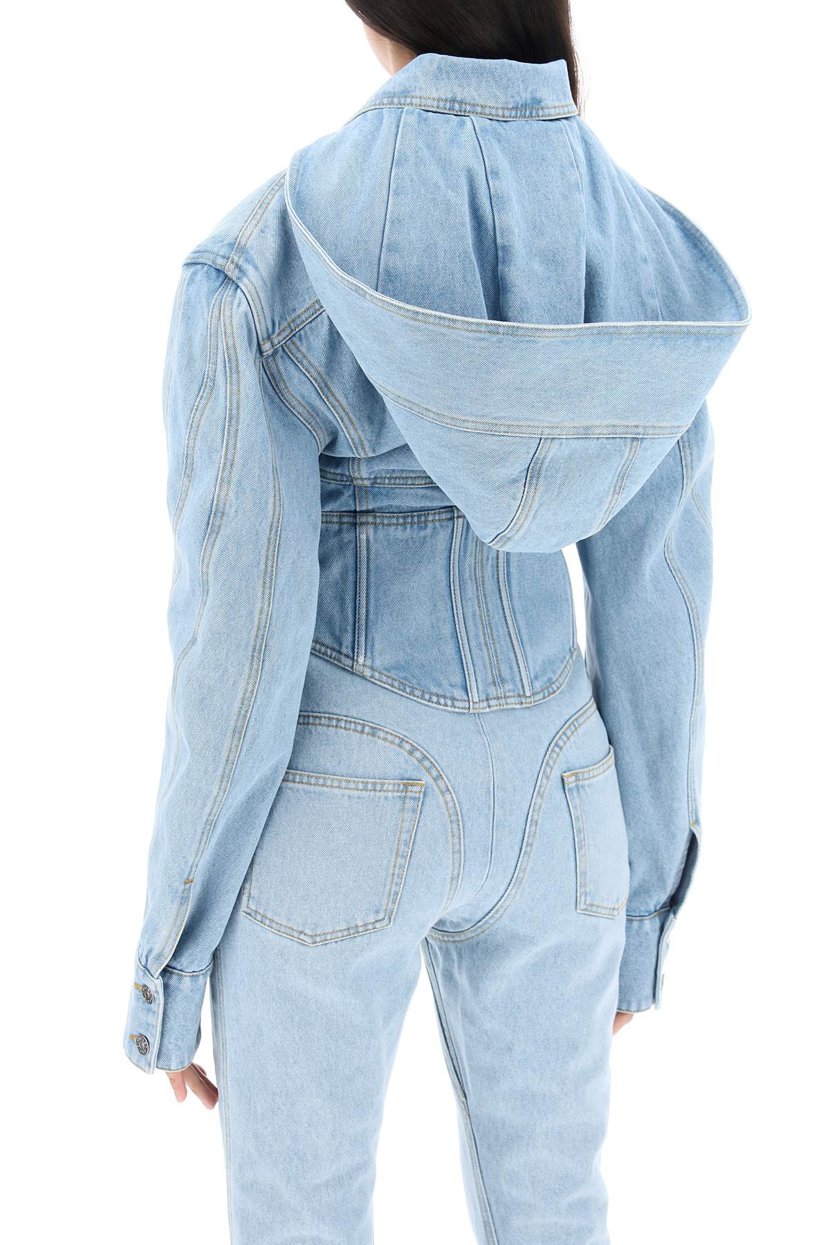 MUGLER Light Wash Denim Jacket with Corset Detail and Removable Hood