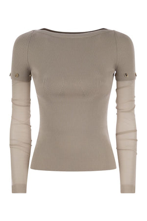 MAX MARA SPORTMAX Feminine Tight-Fitting Stretch Viscose T-Shirt with Removable Sleeves