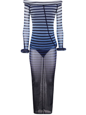 JEAN PAUL GAULTIER Elegant Mesh Boat Neck Long Dress with 3D Collar and Cuff