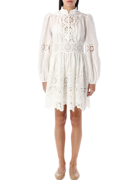 ZIMMERMANN Embroidered Mini Dress with Stand Collar and Scallop Hem