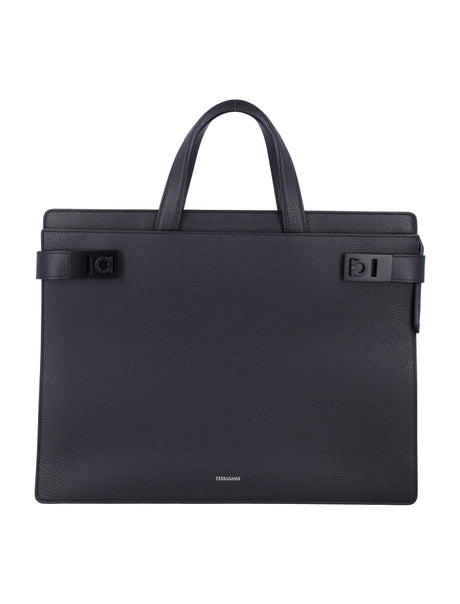 Ferragamo Elegant Leather Briefcase with Gancini Hook Buckles - 31x40 cm