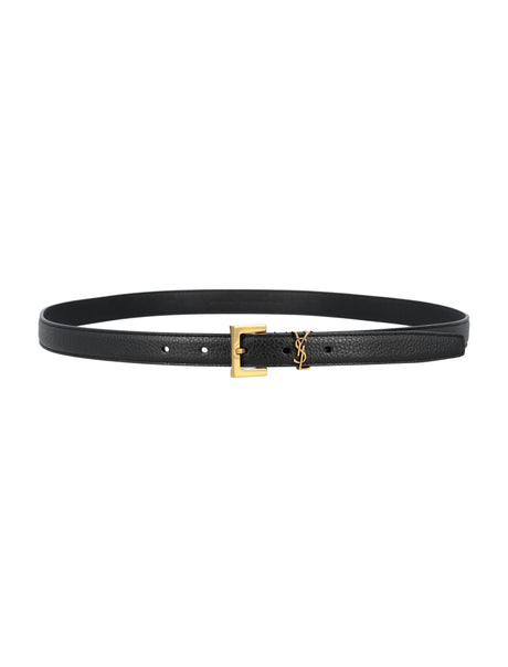 SAINT LAURENT Grained Leather Thin Belt with Square Buckle