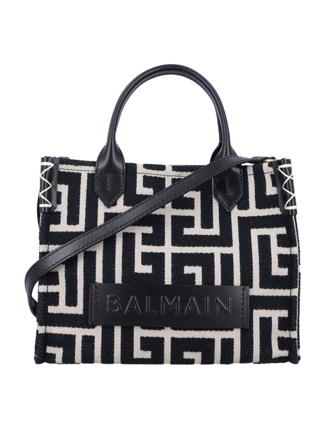 BALMAIN Monogrammed Jacquard and Leather Tote Handbag - 20x25.5x8.5 cm